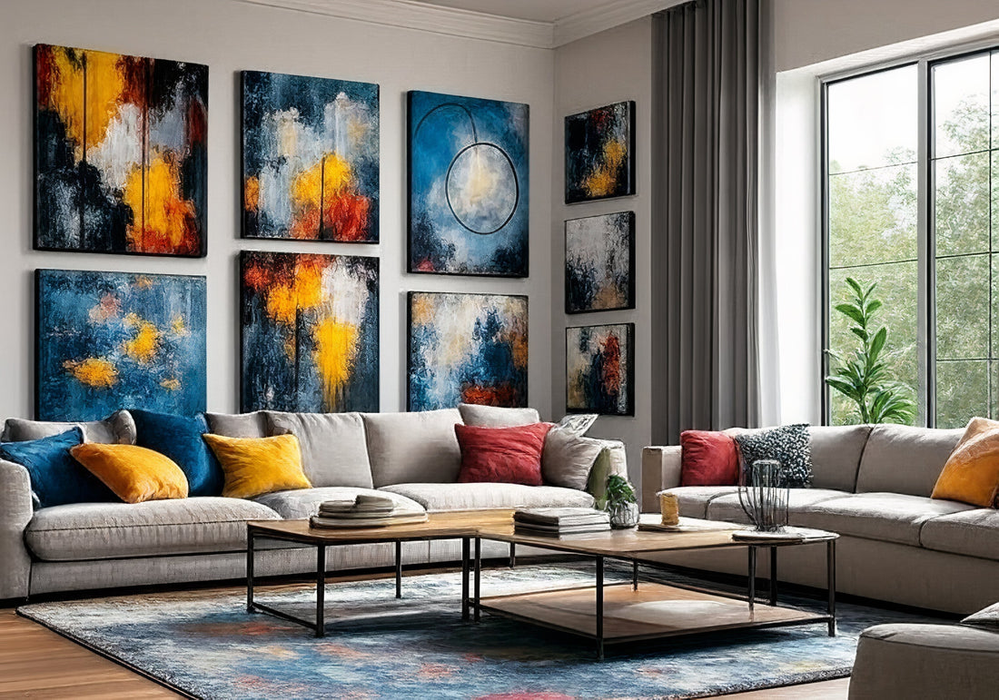 multi panel canvas wall art layout in a well lit modern room