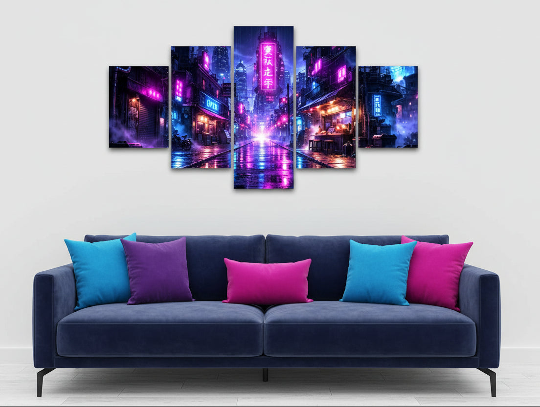 Five-panel canvas wall art of a neon cityscape on a white wall above a dark blue sofa with pink, purple, and blue pillows.
