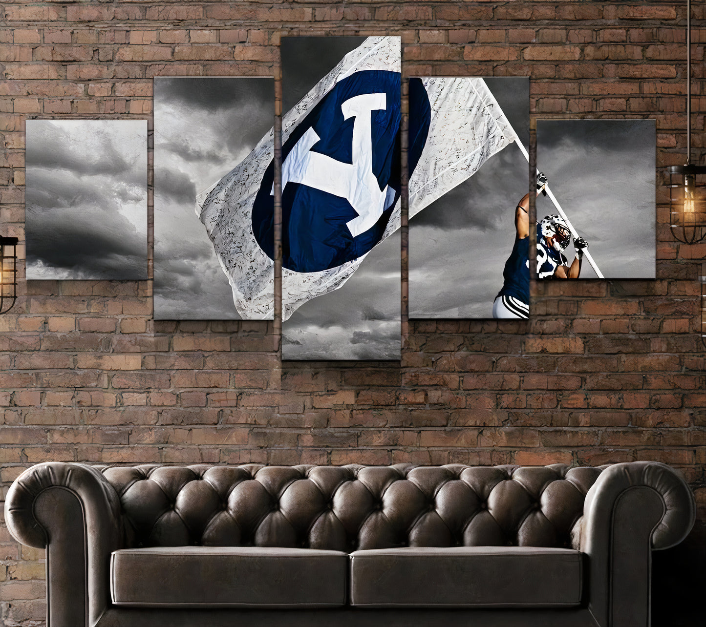 Five-piece canvas wall art framed artworks on a brick wall above a brown sofa