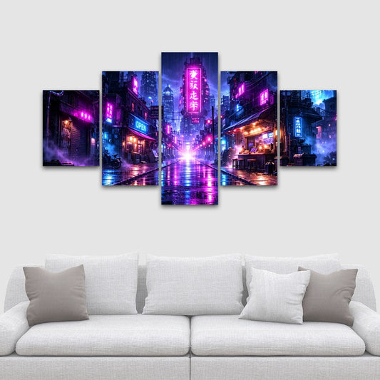 Cyberpunk Anime Style Futuristic City Neon Alley 5 Piece Canvas Wall Art