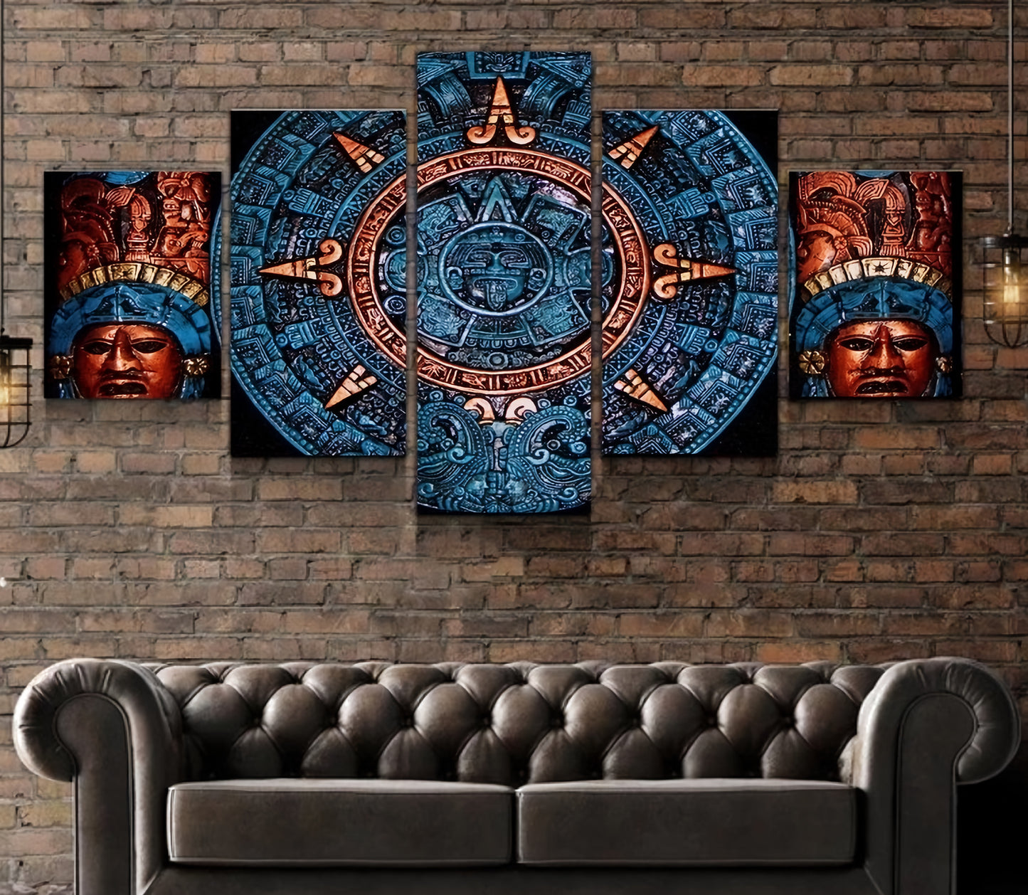 Aztec Calendar Wall Art Canvas | 5-Panel Framed Decor