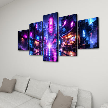 Cyberpunk Anime Style Futuristic City Neon Alley 5 Piece Canvas Wall Art