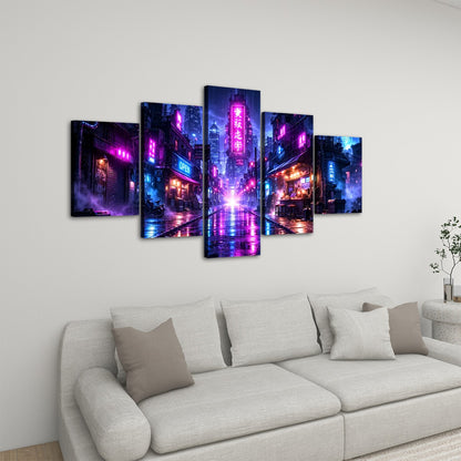 Cyberpunk Anime Style Futuristic City Neon Alley 5 Piece Canvas Wall Art