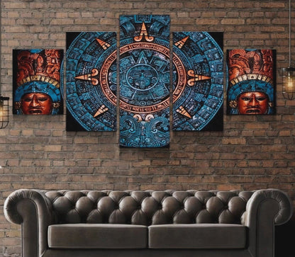 Aztec Calendar Wall Art Canvas | 5-Panel Framed Decor
