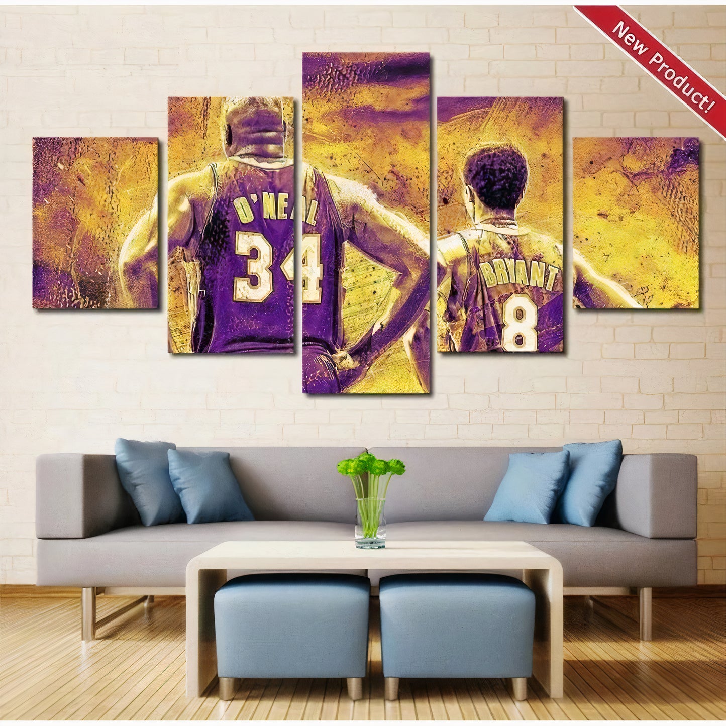 Shaq Kobe Wall Art Canvas Decor Framed hanging above a couch and coffee table