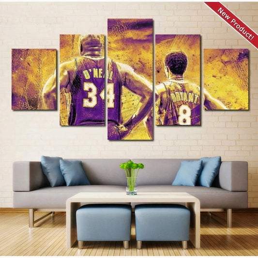 Shaq Kobe Wall Art Canvas Decor Framed hanging above a couch and coffee table