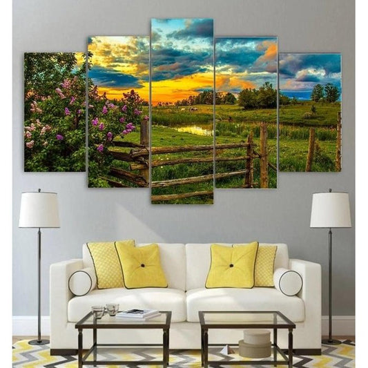 Farming Sunset Landscape Wall Art Canvas Painting Framed