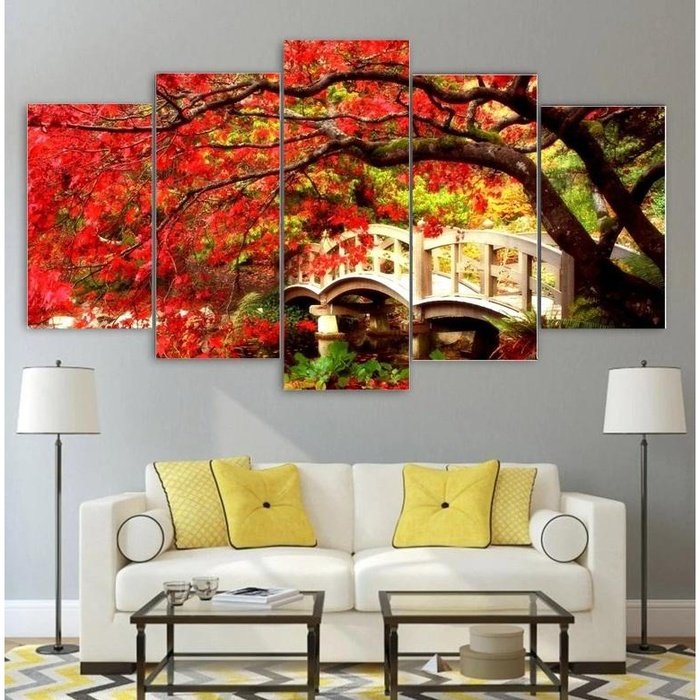 Japanese Garden Red Tree Wall Art Canvas Painting Framed