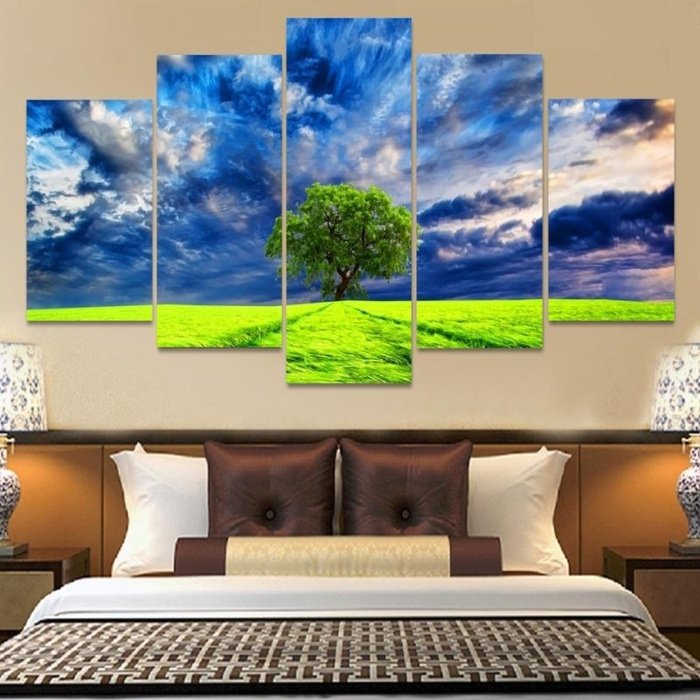 Nature Grass Tree Cloudy Sky Wall Art Canvas Painting Framed