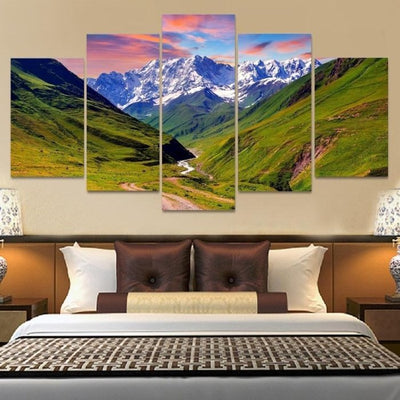 Nature Grassy Mountains Snow Wall Art Canvas Painting