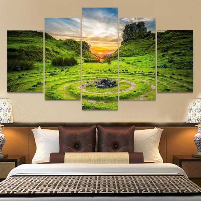 Nature Inspired Grassy Mountain Sunset Wall Art Canvas Painting